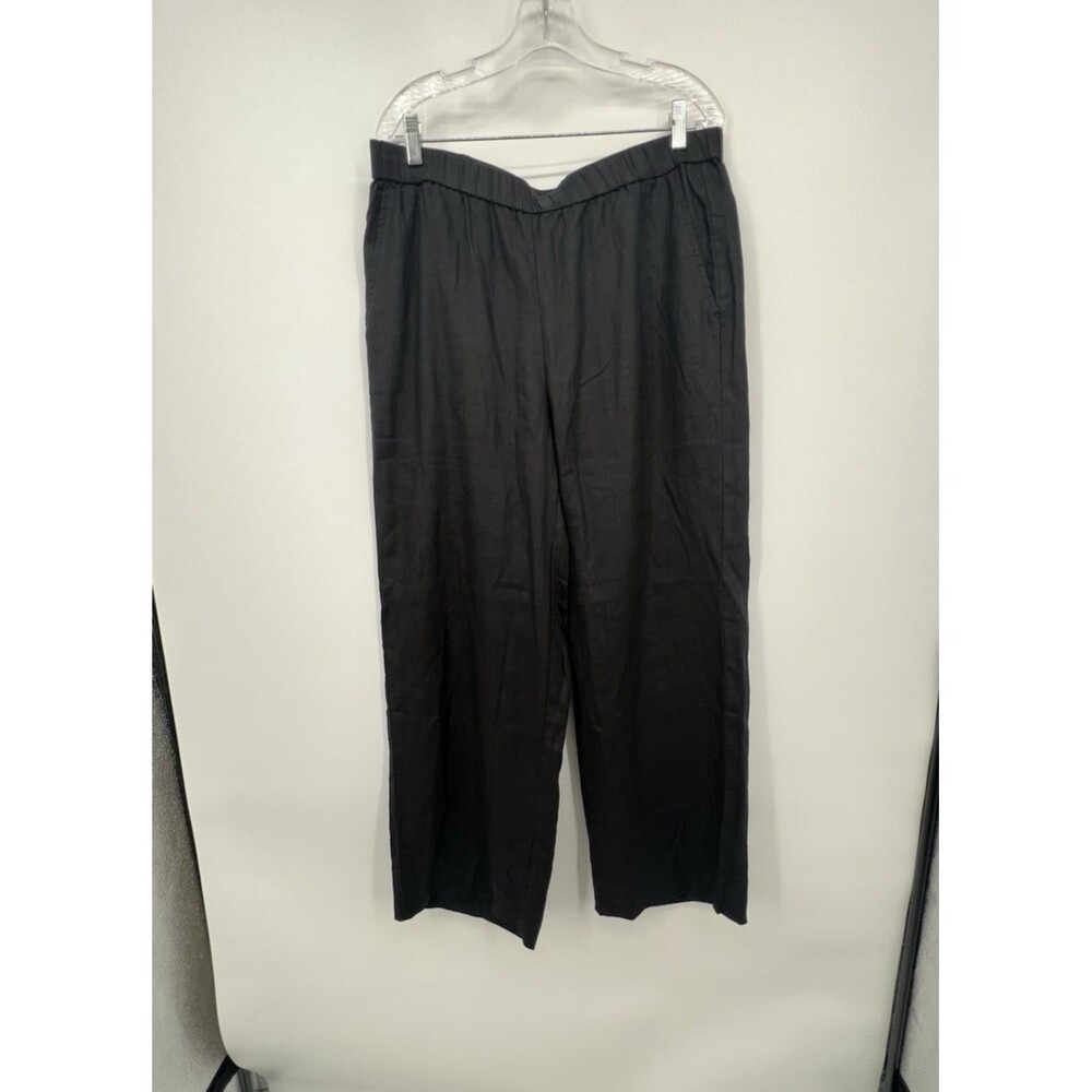 Eileen Fisher Wide Leg Pants Organic Linen Sz L Black Pull On Pockets Minimalist